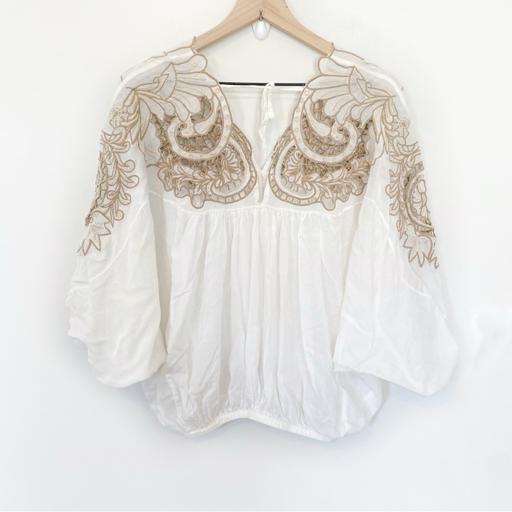 Free People Cutwork Balloon Dolman Blouse in White Cloud size Small - Picture 9 of 10